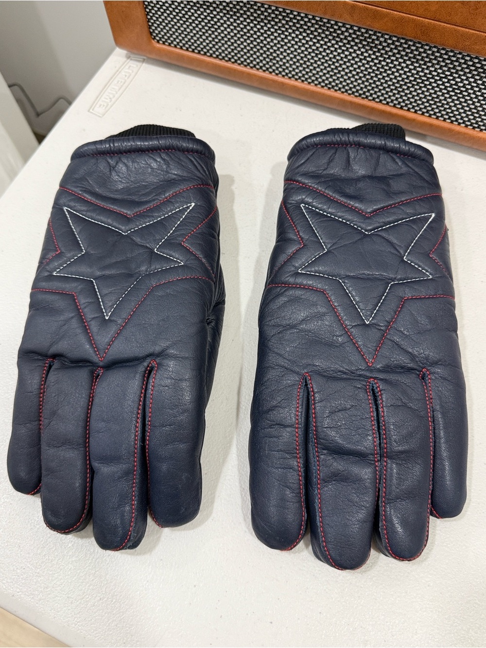 Vintage ARIS Men's Navy Leather Gloves with Star Stitching